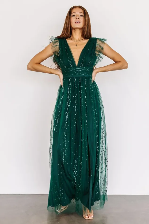 Women Embellished Sequin Baltic Born Annika Sequin Mesh Maxi Dress Green