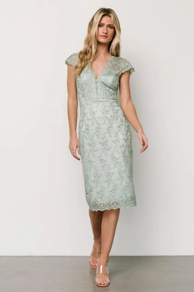 Women Embellished Sequin Baltic Born Oriana Embossed Shimmer Midi Dress Sage