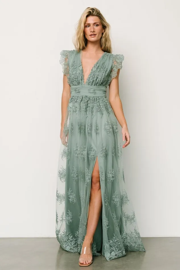 Women Embellished Sequin Baltic Born Rhea Tulle Maxi Dress Eucalyptus