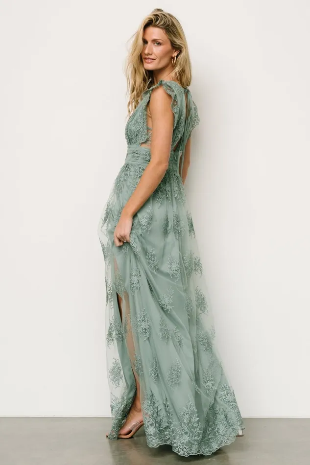 Women Embellished Sequin Baltic Born Rhea Tulle Maxi Dress Eucalyptus