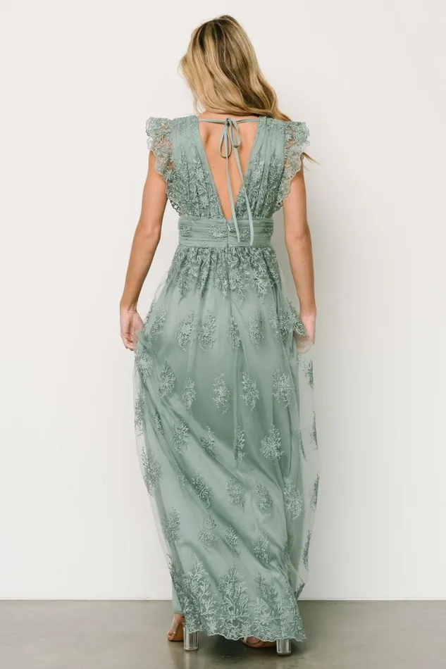 Women Embellished Sequin Baltic Born Rhea Tulle Maxi Dress Eucalyptus