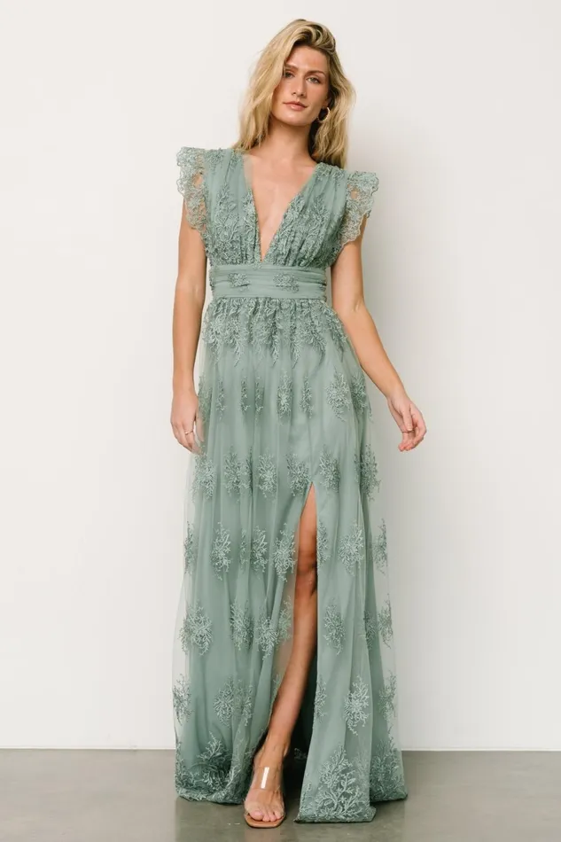 Women Embellished Sequin Baltic Born Rhea Tulle Maxi Dress Eucalyptus