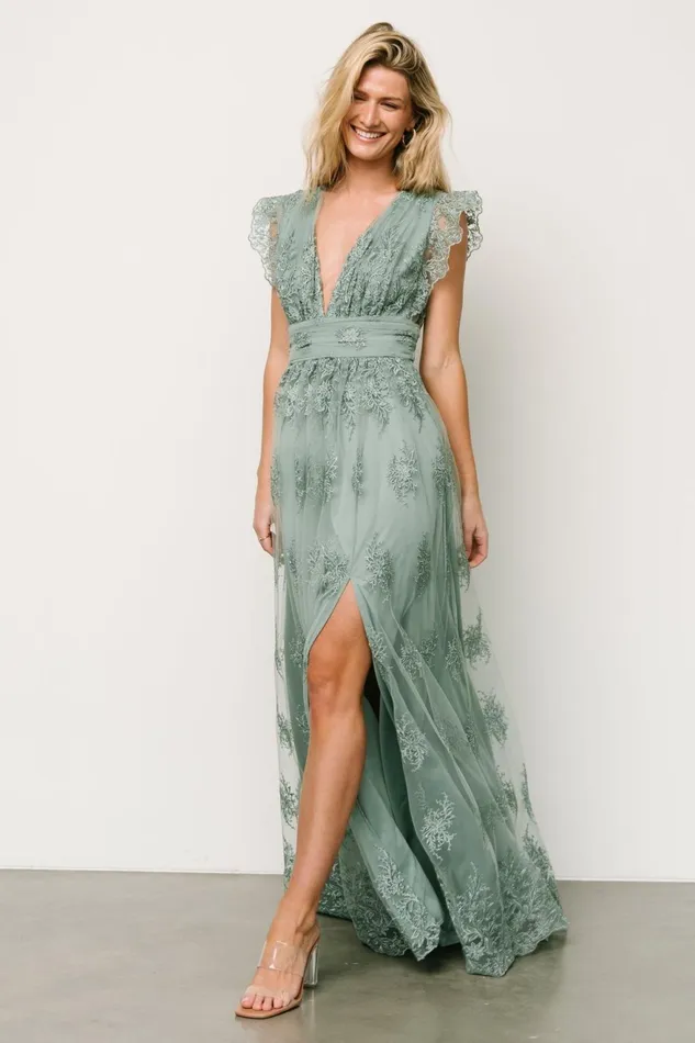 Women Embellished Sequin Baltic Born Rhea Tulle Maxi Dress Eucalyptus
