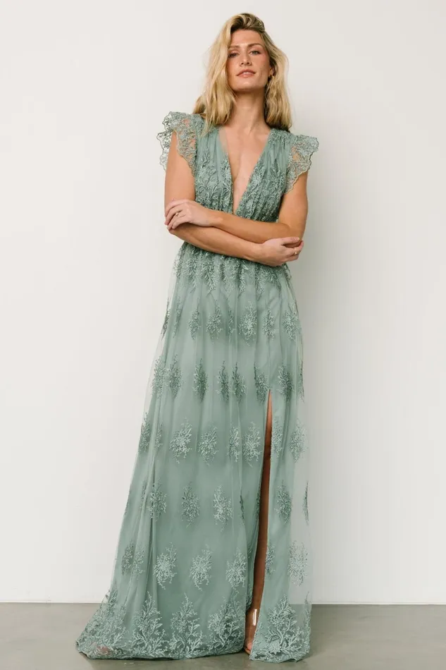 Women Embellished Sequin Baltic Born Rhea Tulle Maxi Dress Eucalyptus