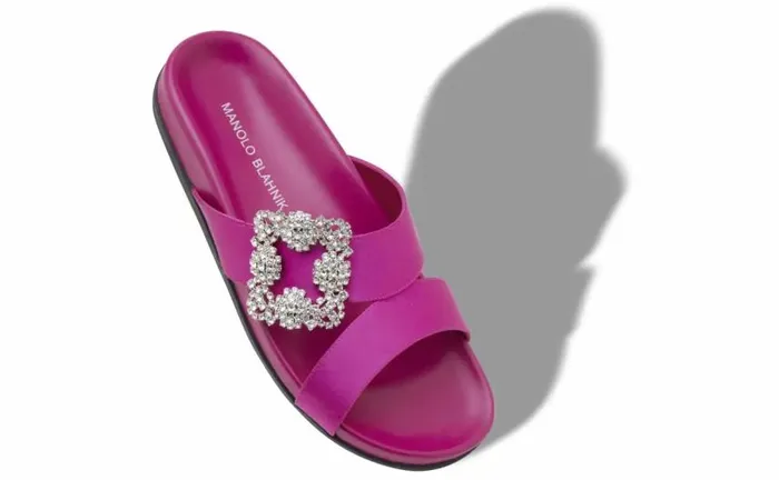 Women Fuchsia Satin Jewel Buckle Flat Mules Manolo Blahnik Flats