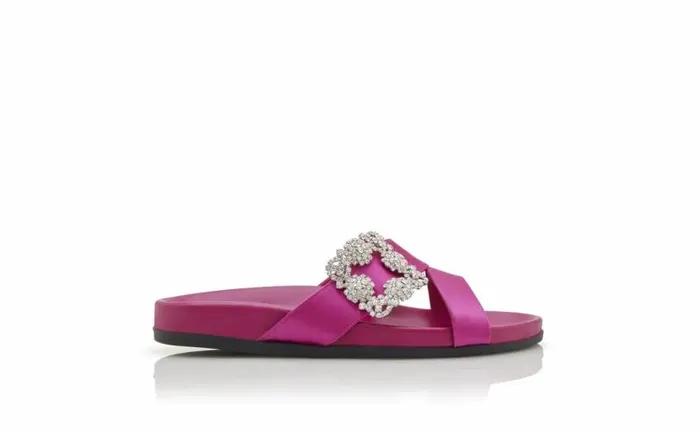Women Fuchsia Satin Jewel Buckle Flat Mules Manolo Blahnik Flats