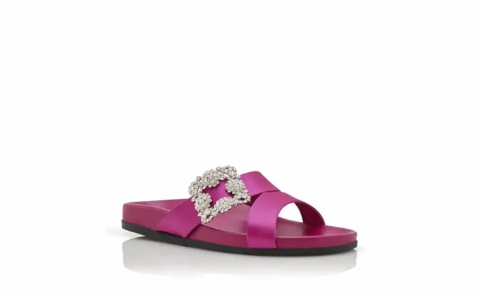 Women Fuchsia Satin Jewel Buckle Flat Mules Manolo Blahnik Flats