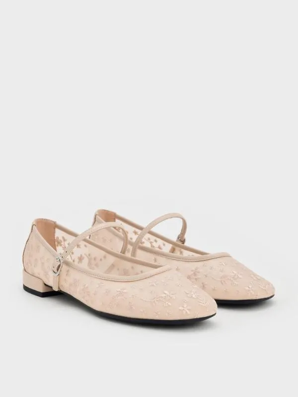 Women Gertrude Mesh Embroidered Floral Mary Janes 8211 Nude CHARLES and KEITH Ballet Flats