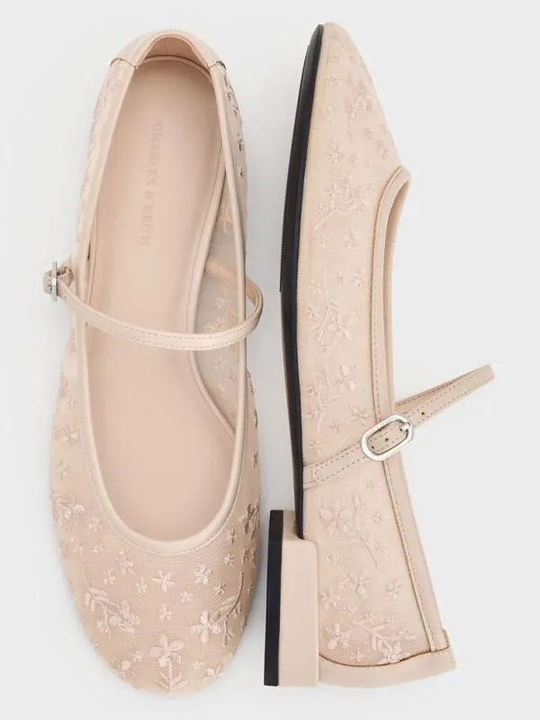 Women Gertrude Mesh Embroidered Floral Mary Janes 8211 Nude CHARLES and KEITH Ballet Flats