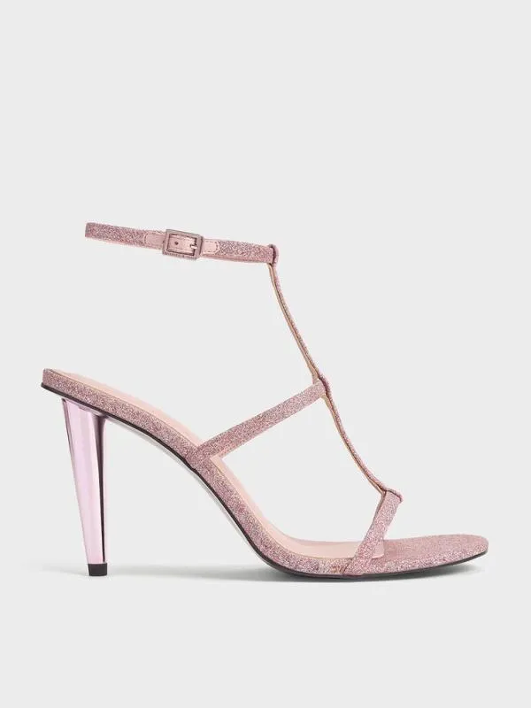 Women Glittered TBar AnkleStrap Sandals 8211 Pink CHARLES and KEITH Heels