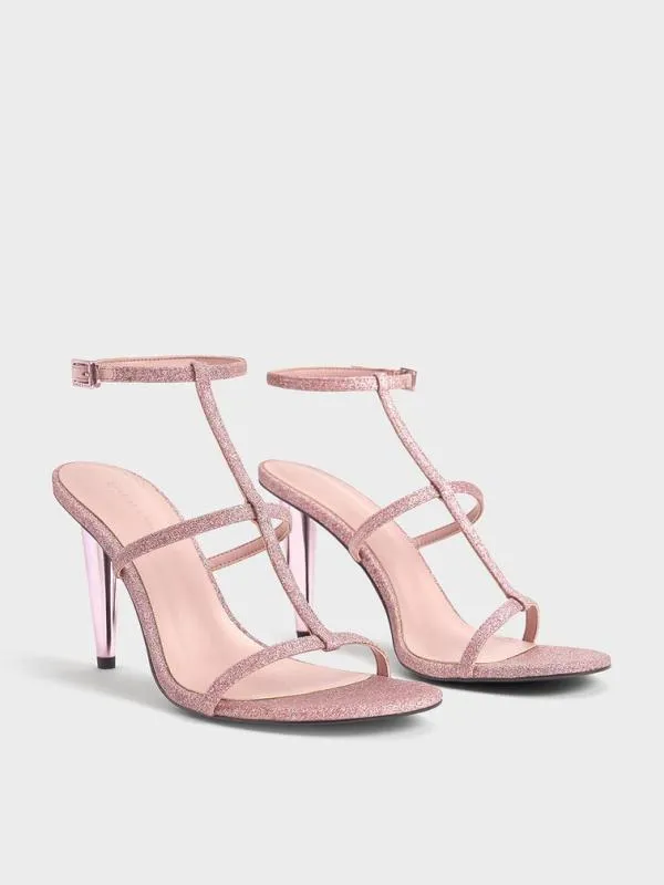 Women Glittered TBar AnkleStrap Sandals 8211 Pink CHARLES and KEITH Heels