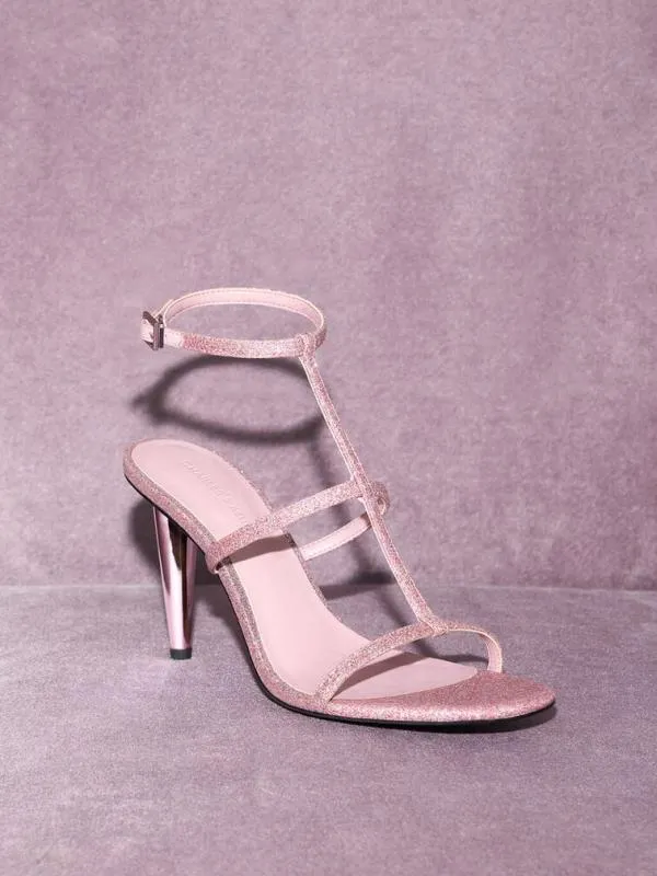 Women Glittered TBar AnkleStrap Sandals 8211 Pink CHARLES and KEITH Heels