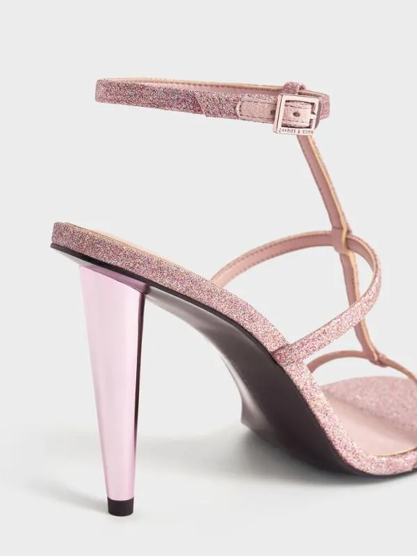 Women Glittered TBar AnkleStrap Sandals 8211 Pink CHARLES and KEITH Heels