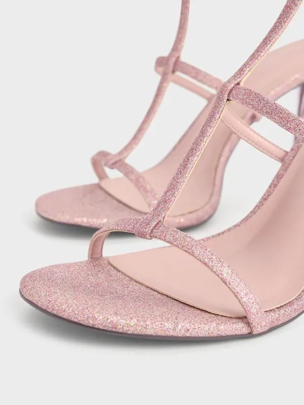 Women Glittered TBar AnkleStrap Sandals 8211 Pink CHARLES and KEITH Heels