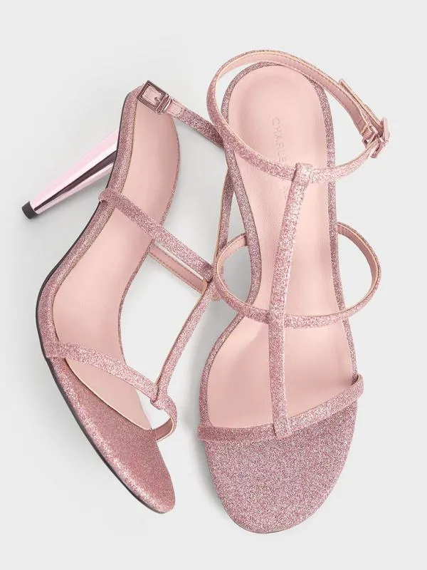 Women Glittered TBar AnkleStrap Sandals 8211 Pink CHARLES and KEITH Heels