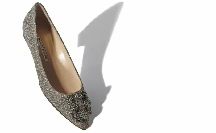 Women Gold Textile Jewel Buckle Flat Pumps Manolo Blahnik Flats