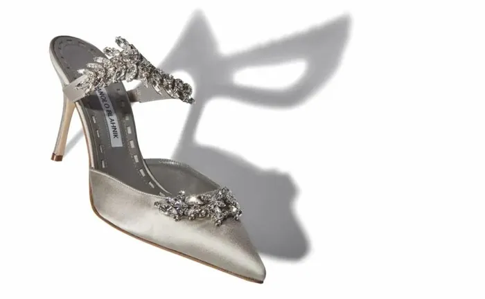 Women Grey Satin Crystal Embellished Mules Manolo Blahnik Mules