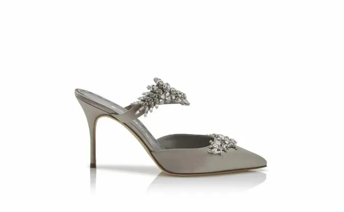 Women Grey Satin Crystal Embellished Mules Manolo Blahnik Mules