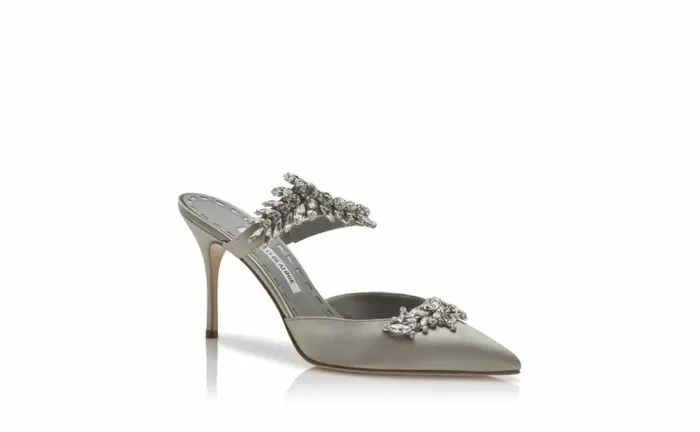 Women Grey Satin Crystal Embellished Mules Manolo Blahnik Mules