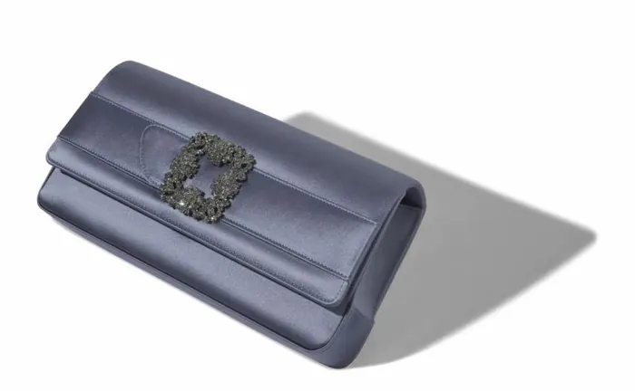 Women Grey Satin Jewel Buckle Clutch Manolo Blahnik Bags