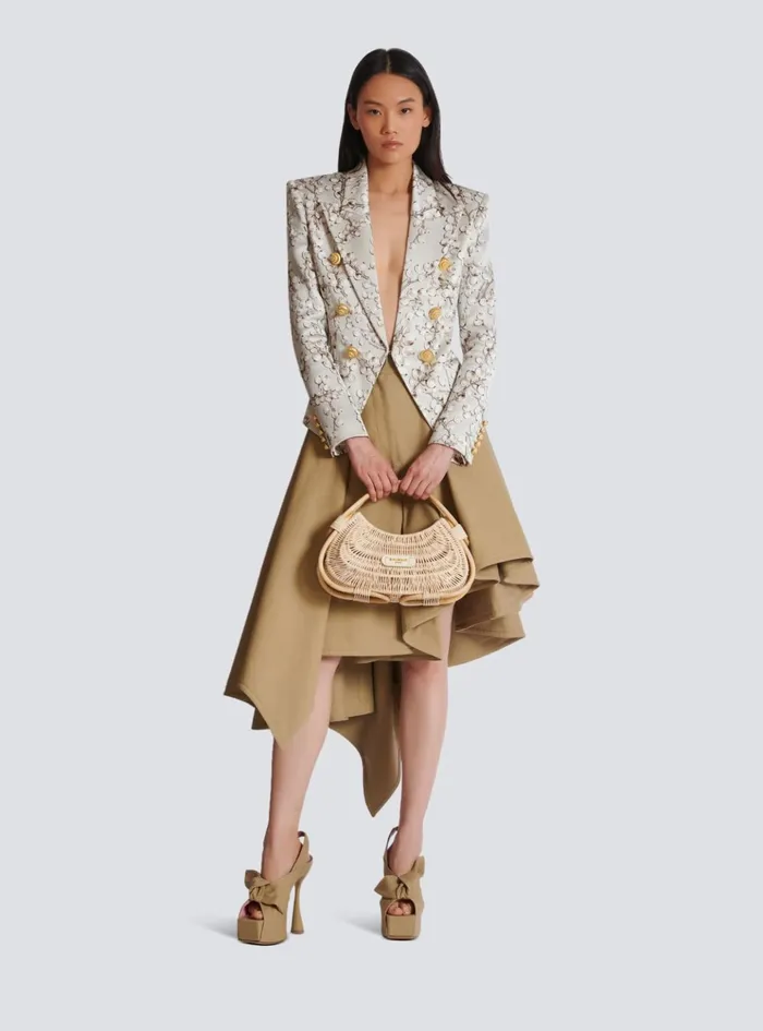 Women Jackets And Blazers Balmain 6button Satin Jacket With Redcurrant Print Beige