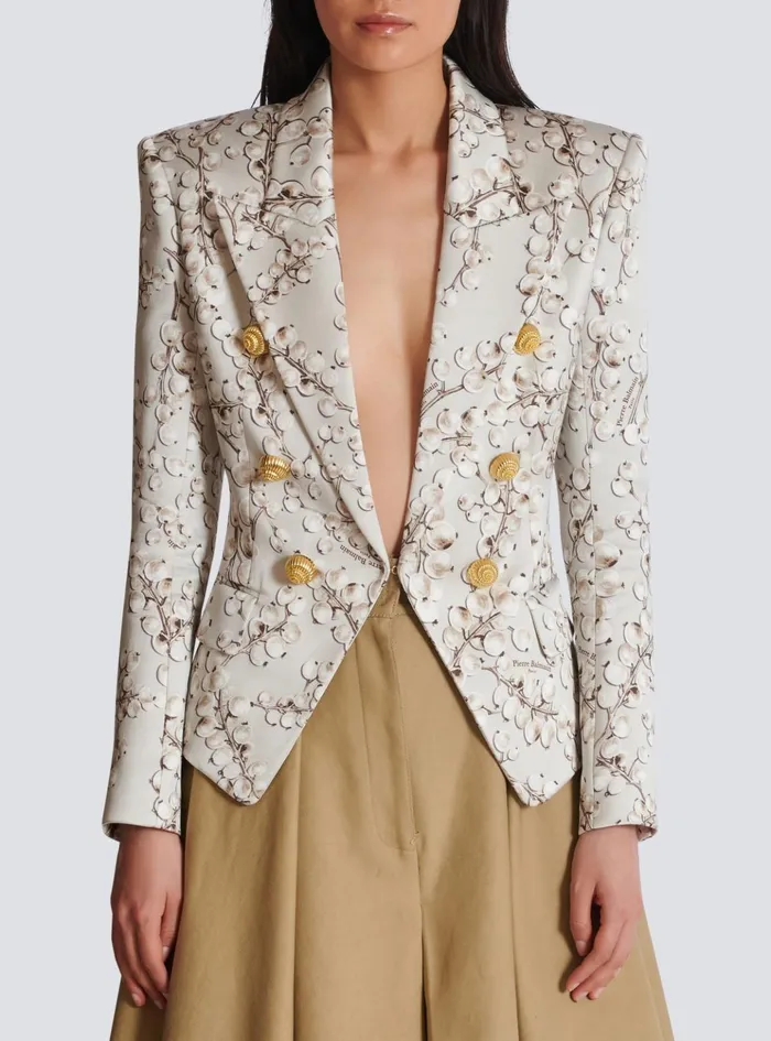 Women Jackets And Blazers Balmain 6button Satin Jacket With Redcurrant Print Beige