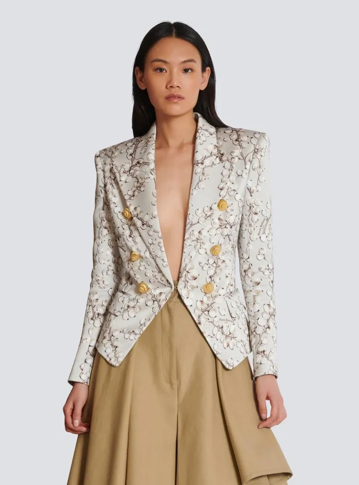 Women Jackets And Blazers Balmain 6button Satin Jacket With Redcurrant Print Beige