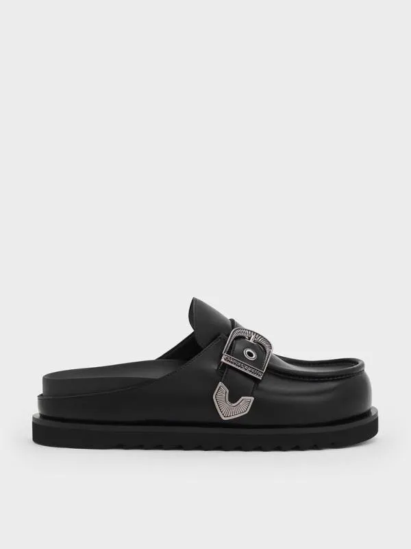 Women Kirke BuckleStrap Flatform Mules 8211 Black CHARLES and KEITH Flats