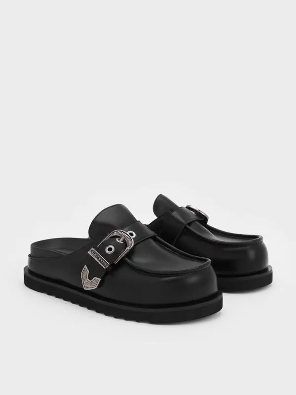 Women Kirke BuckleStrap Flatform Mules 8211 Black CHARLES and KEITH Flats