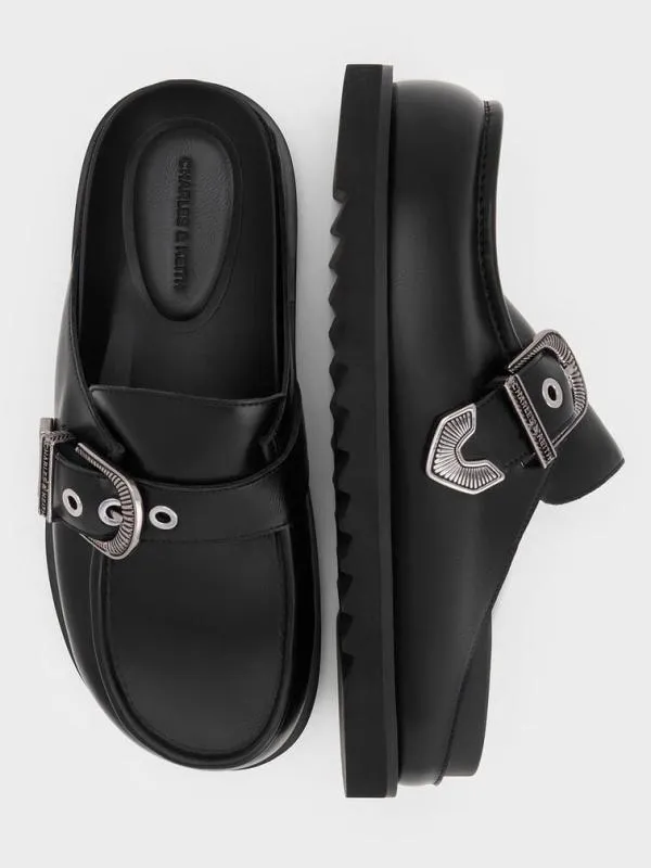 Women Kirke BuckleStrap Flatform Mules 8211 Black CHARLES and KEITH Flats