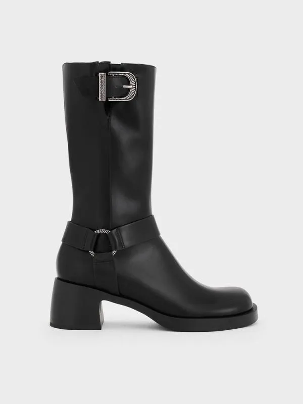 Women Kirke Buckled MidCalf Biker Boots 8211 Black CHARLES and KEITH Boots