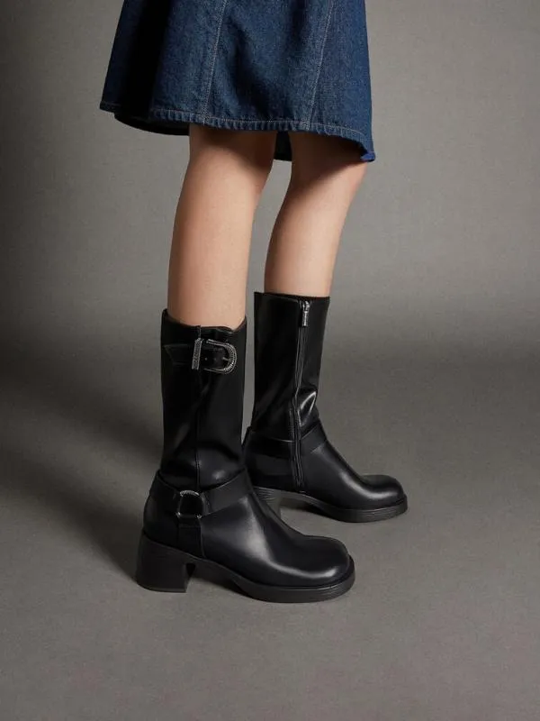 Women Kirke Buckled MidCalf Biker Boots 8211 Black CHARLES and KEITH Boots
