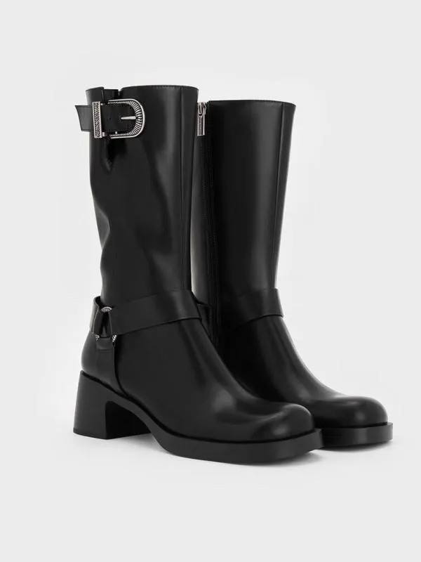 Women Kirke Buckled MidCalf Biker Boots 8211 Black CHARLES and KEITH Boots