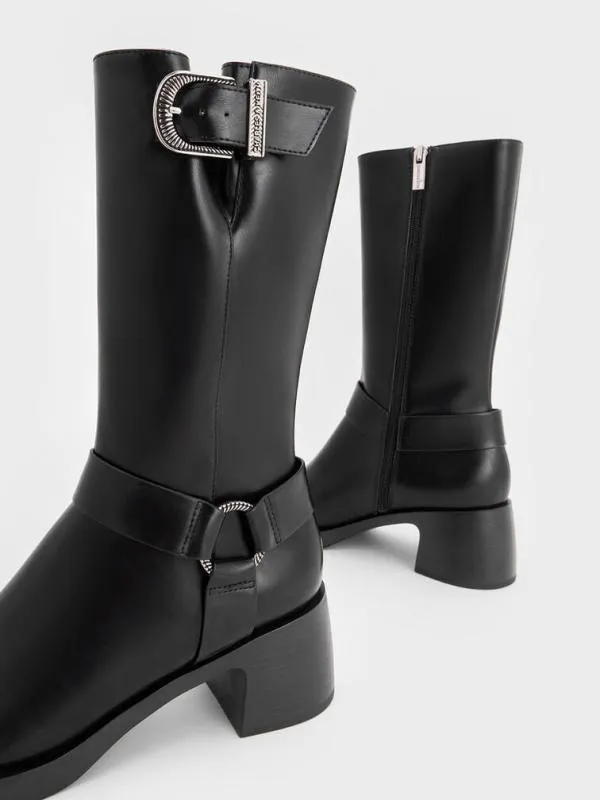 Women Kirke Buckled MidCalf Biker Boots 8211 Black CHARLES and KEITH Boots