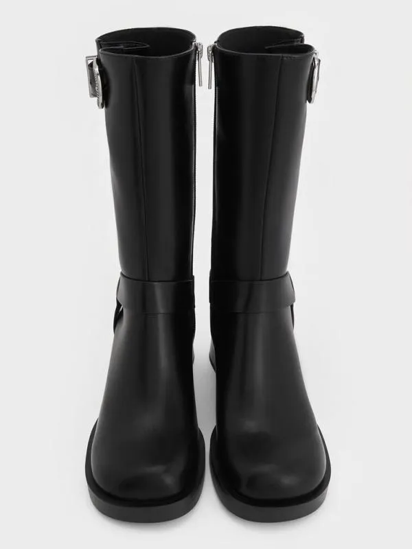 Women Kirke Buckled MidCalf Biker Boots 8211 Black CHARLES and KEITH Boots