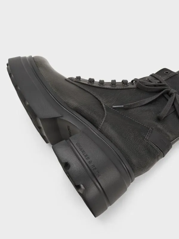 Women LaceUp Chunky Ankle Boots 8211 Dark Grey CHARLES and KEITH Boots