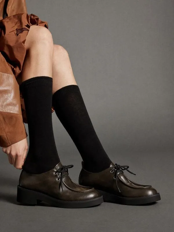 Women LaceUp ChunkySole Derbys 8211 Dark Brown CHARLES and KEITH Flats