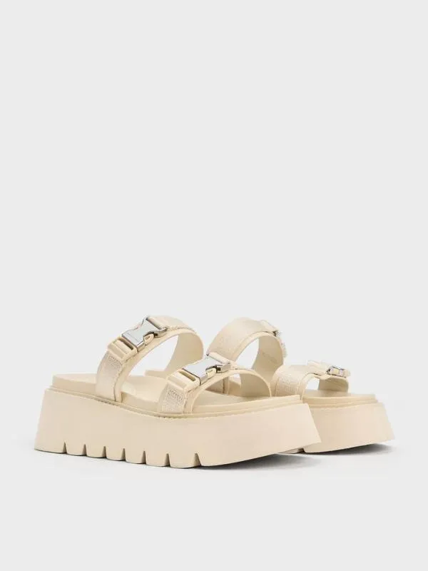 Women Laine MetallicBuckle Flatform Sandals 8211 Beige CHARLES and KEITH Sandals