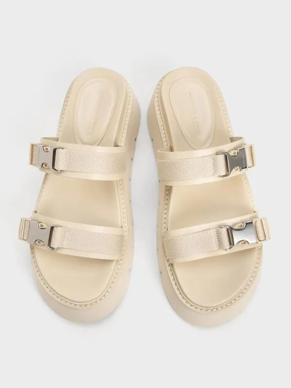 Women Laine MetallicBuckle Flatform Sandals 8211 Beige CHARLES and KEITH Sandals
