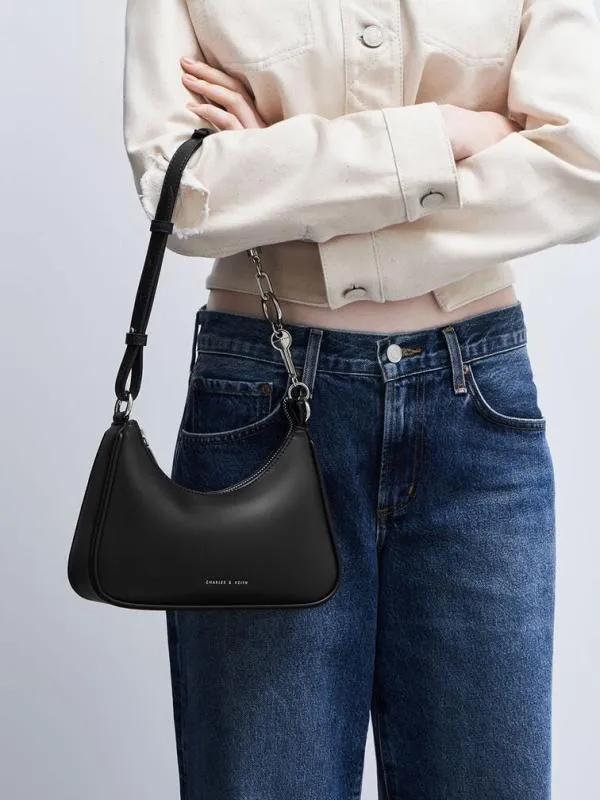 Women Lane Lock and Key Chain Handle Trapeze Bag 8211 Noir CHARLES and KEITH Shoulder Bags