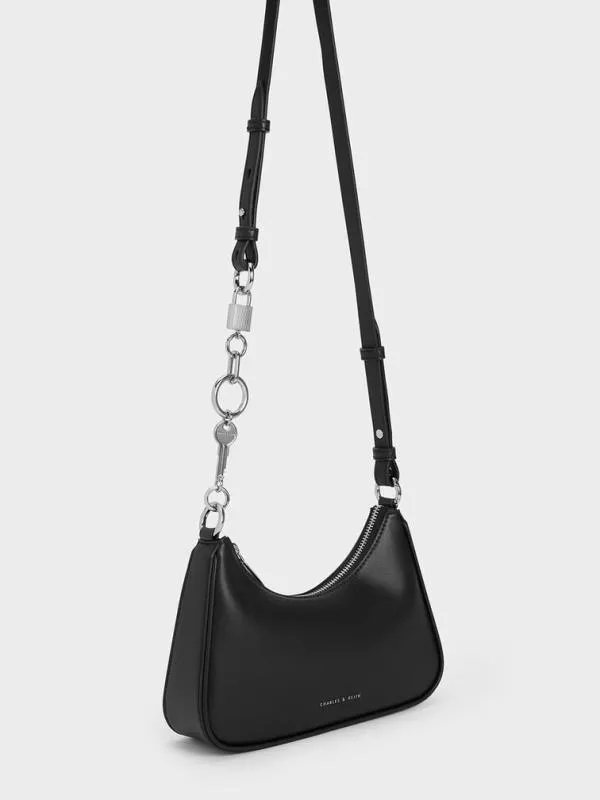 Women Lane Lock and Key Chain Handle Trapeze Bag 8211 Noir CHARLES and KEITH Shoulder Bags
