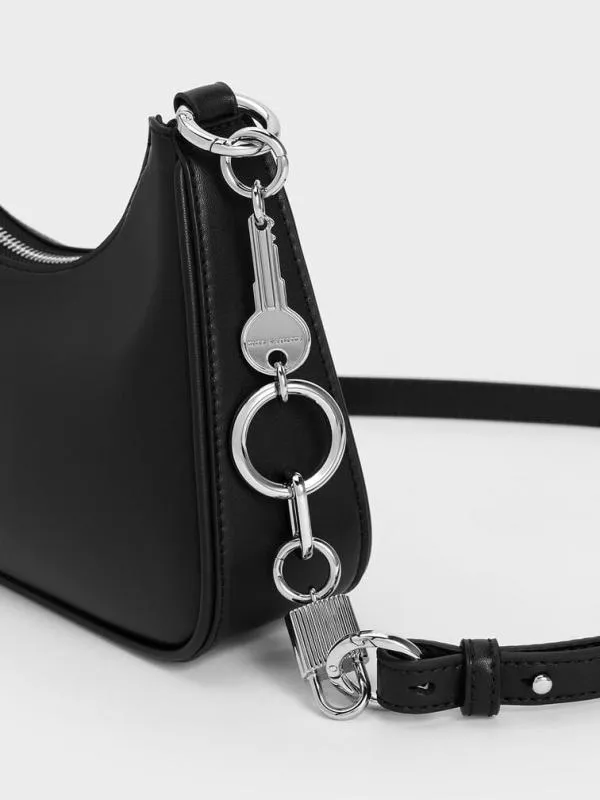 Women Lane Lock and Key Chain Handle Trapeze Bag 8211 Noir CHARLES and KEITH Shoulder Bags