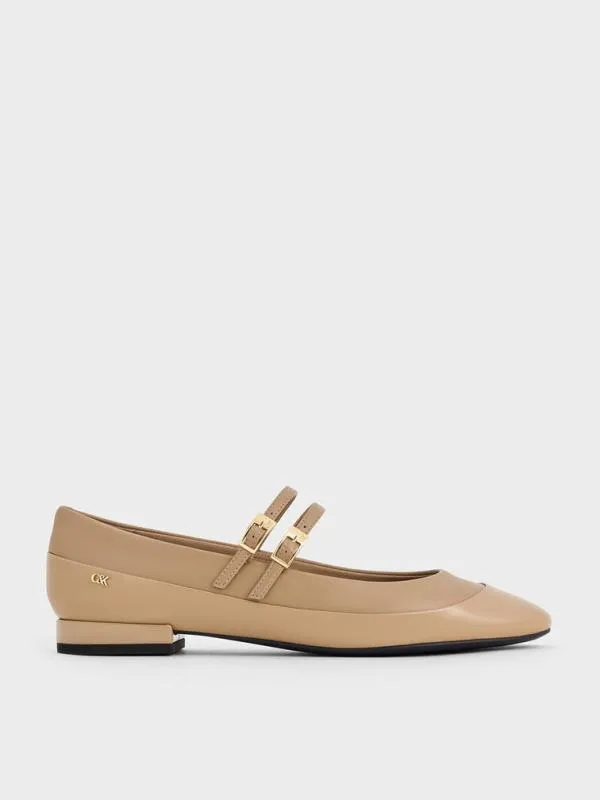 Women Leather and Patent DoubleStrap Mary Jane Flats 8211 Taupe CHARLES and KEITH Flats