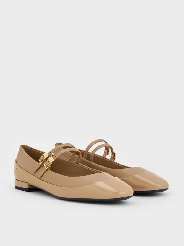 Women Leather and Patent DoubleStrap Mary Jane Flats 8211 Taupe CHARLES and KEITH Flats