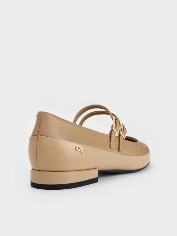 Women Leather and Patent DoubleStrap Mary Jane Flats 8211 Taupe CHARLES and KEITH Flats