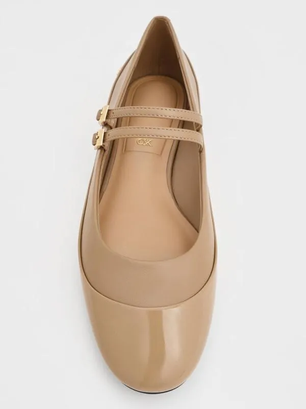Women Leather and Patent DoubleStrap Mary Jane Flats 8211 Taupe CHARLES and KEITH Flats
