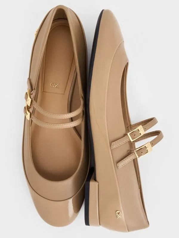 Women Leather and Patent DoubleStrap Mary Jane Flats 8211 Taupe CHARLES and KEITH Flats