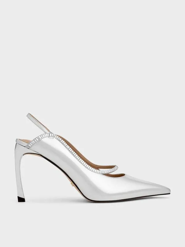 Women Leather and Satin CrystalEmbellished PointedToe Slingback Pumps 8211 Silver CHARLES and KEITH Heels Women Leather and Satin CrystalEmbellished PointedToe Slingback Pumps 8211 Silver CHARLES and KEITH Heels