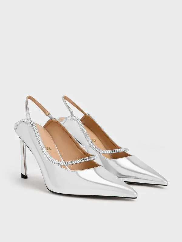 Women Leather and Satin CrystalEmbellished PointedToe Slingback Pumps 8211 Silver CHARLES and KEITH Heels