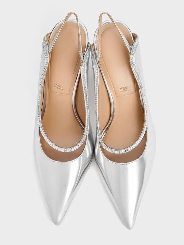 Women Leather and Satin CrystalEmbellished PointedToe Slingback Pumps 8211 Silver CHARLES and KEITH Heels